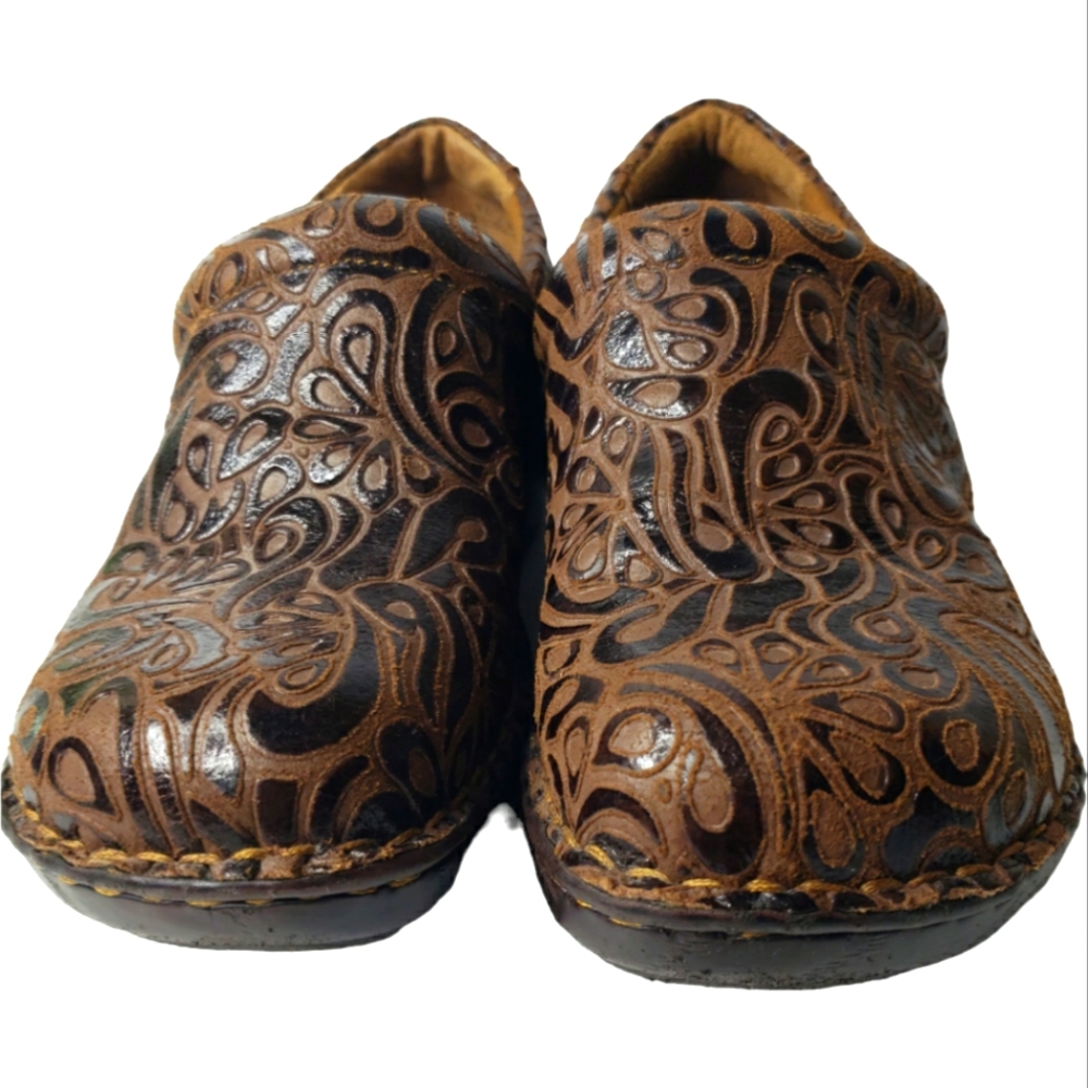 BOC Tooled LeatherClog Paisley Farm Cottage Gorp Western Teacher Nurse Vet 9.5